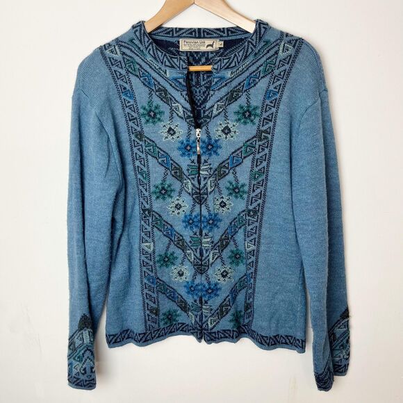 Peruvian Link Sweater Womens Large Blue Alpaca Blend Zip Cardigan Knit Pattern - Picture 1 of 7